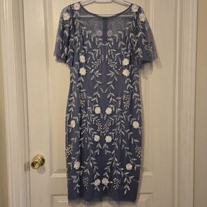 Adrianna Papell Blue and White Embroidered Midi Dress